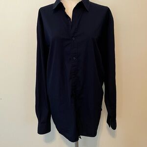 Women’s J Peterman Company Navy Button Down Shirt Sz. L Cotton Gingham Cuff